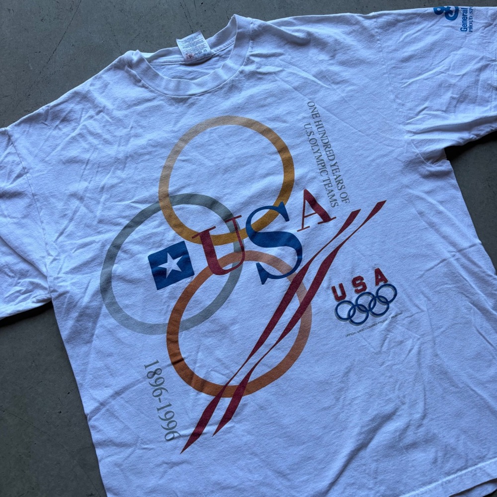 Vintage Hanes USA Olympics 100 Years 1896-1996 T-Shirt Mens XL White Graphic Tee